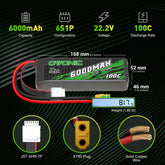 Batterie Lipo Ovonic 6S 6000mAh 6S1P 100C 22,2V longue portée avec prise XT90 pour drone longue portée 7-10 pouces 6S HD Cinelifter Multirotor X-Class